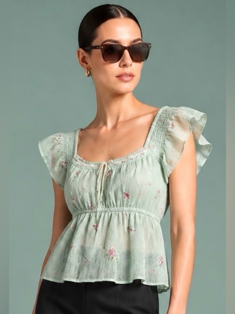 Women’s Sage Green Empire Waist Babydoll Floral Ruffle Sleeve Top S